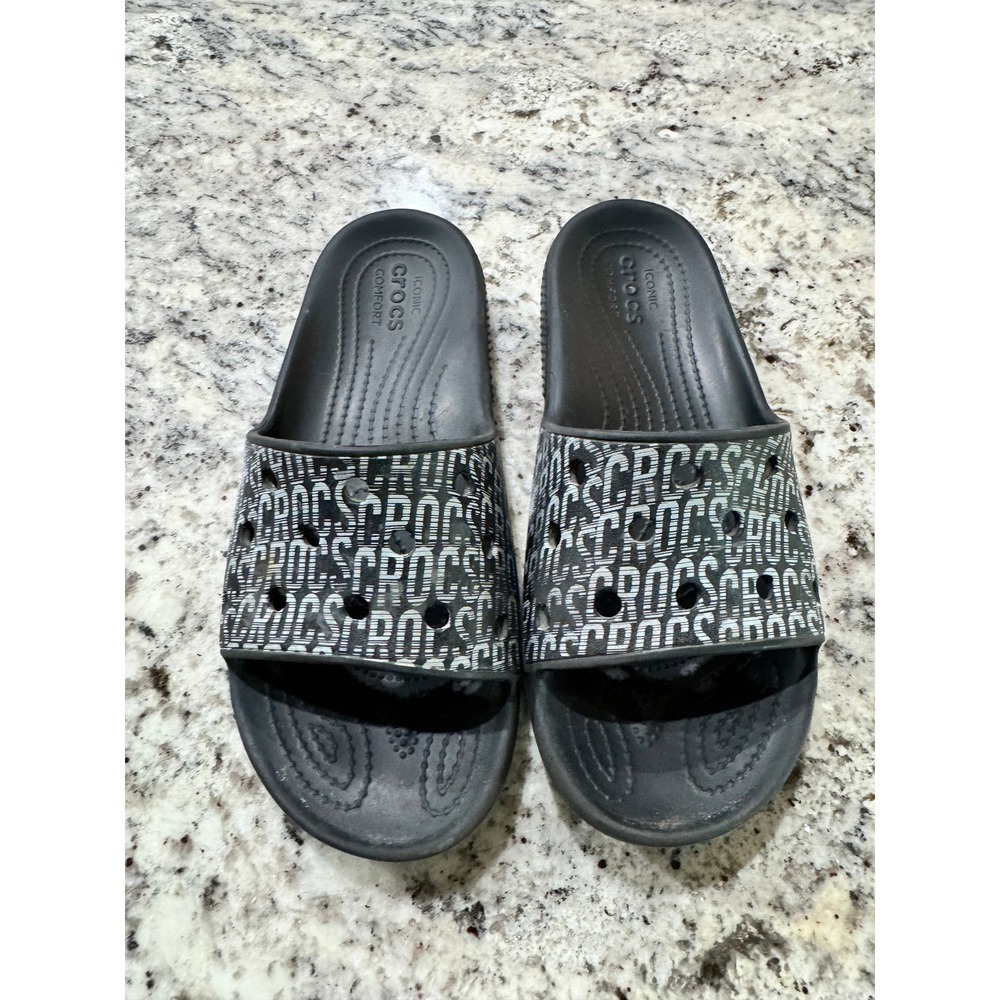 Crocs Classic Slides Black White Logo Print Sandals Mens 5 Womens 7